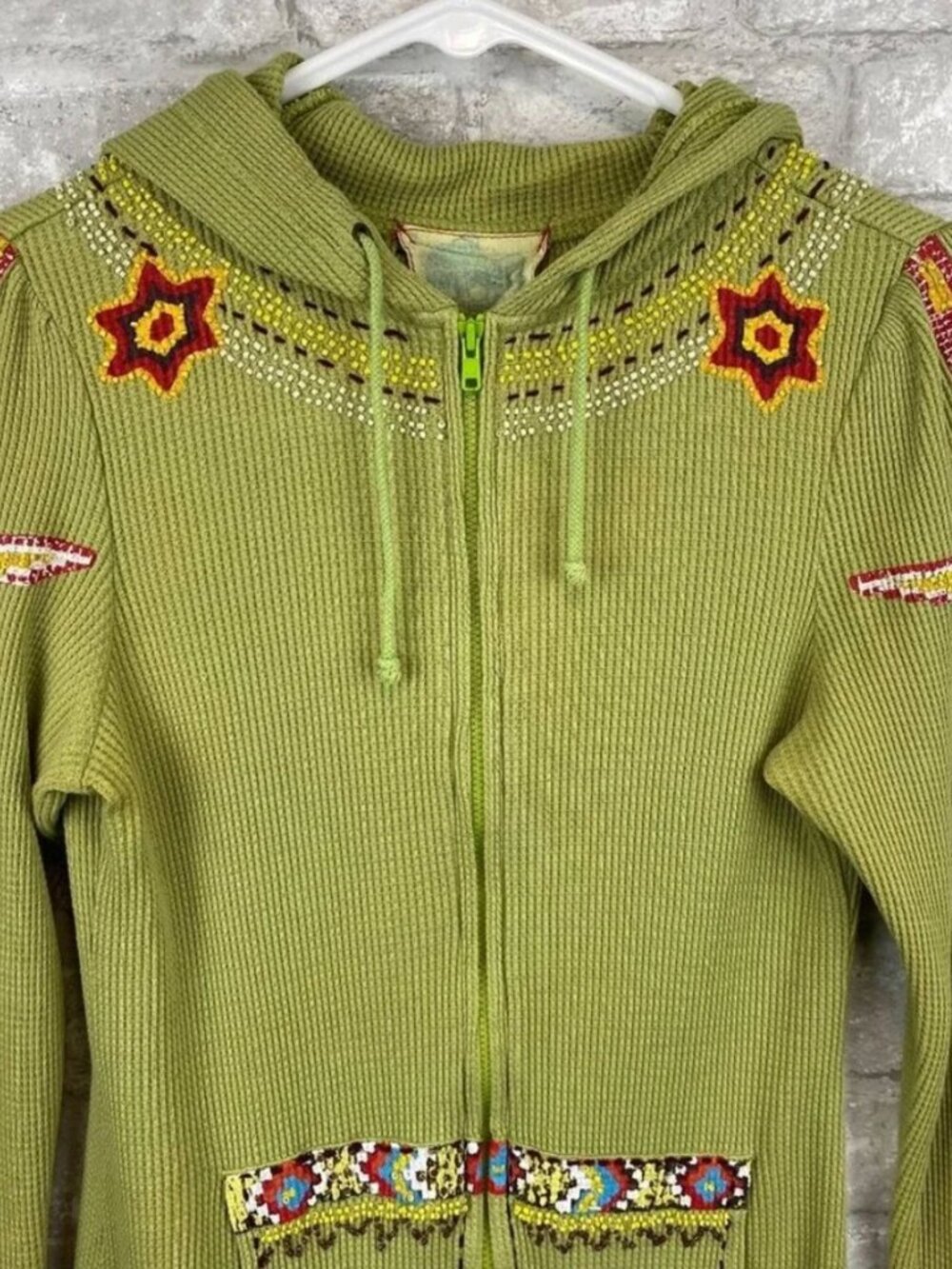 RARE Free People Green embroidered & Beaded Full-Zip Light Hoodie XS - Picture 2 of 7